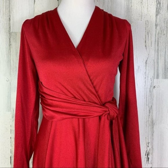 Vintage 70s Bright Red Faux Wrap Midi Dress - Picture 2 of 12